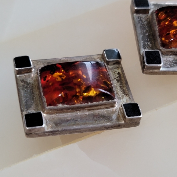 Sterling Silver Vintage LB Baltic Amber .925 Clip On Earrings - Picture 3 of 10